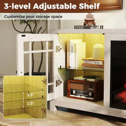 58" Fireplace TV Stand with LED Lights and 18" Electric Fireplace-Natural Costway