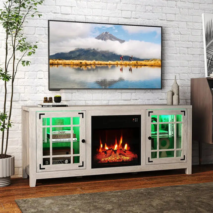 58" Fireplace TV Stand with LED Lights and 18" Electric Fireplace-Natural Costway