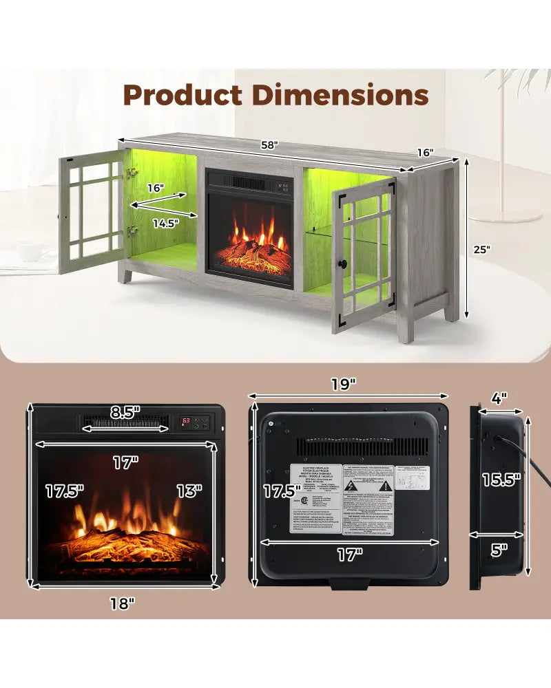 58’’ Fireplace TV Stand with LED Lights and 18’’ Electric Fireplace-Natural - Natural - Fireplaces