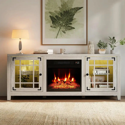 58" Fireplace TV Stand with LED Lights and 18" Electric Fireplace-Natural Costway