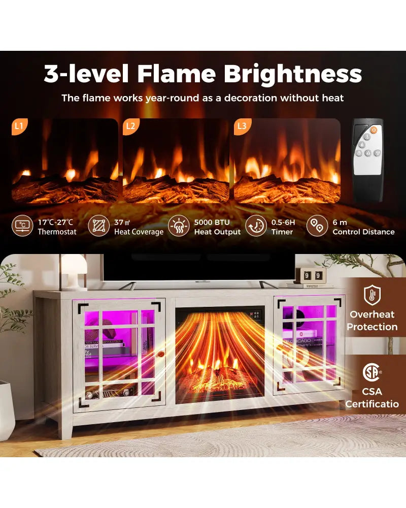 58’’ Fireplace TV Stand with LED Lights and 18’’ Electric Fireplace-Natural - Natural - Fireplaces