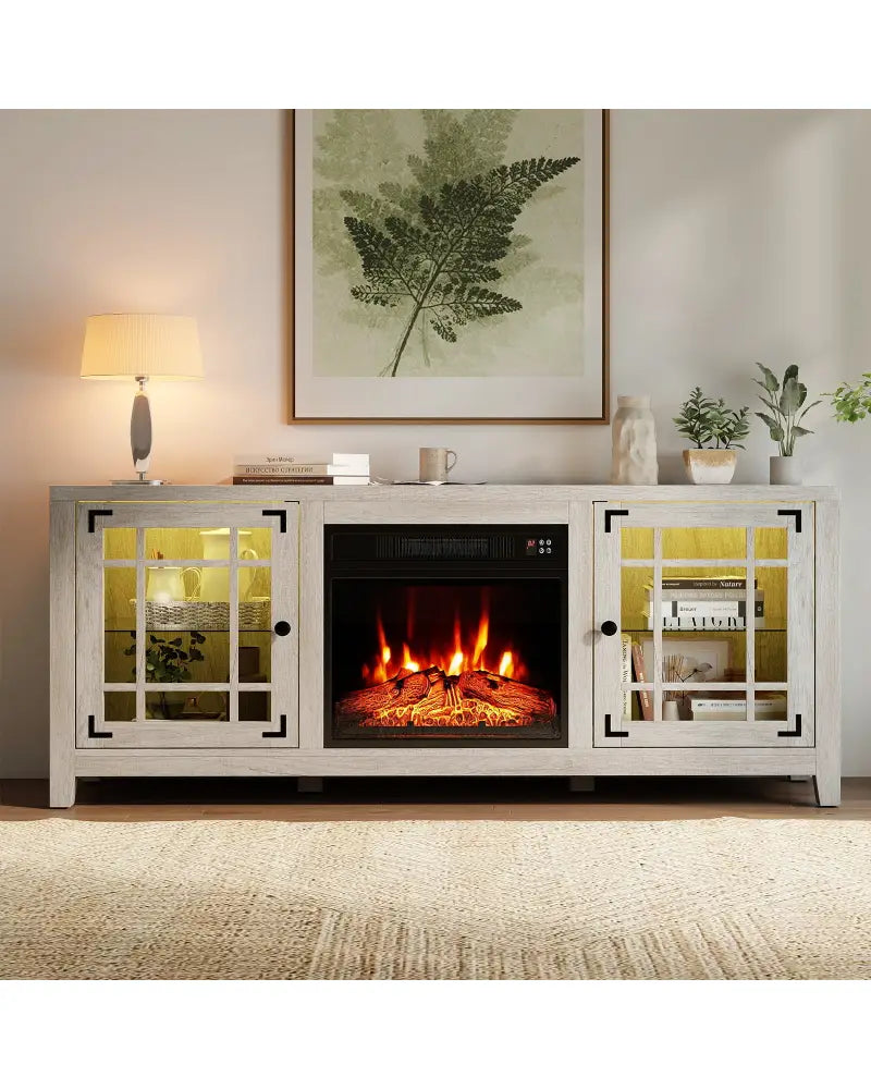 58’’ Fireplace TV Stand with LED Lights and 18’’ Electric Fireplace-Natural - Natural - Fireplaces