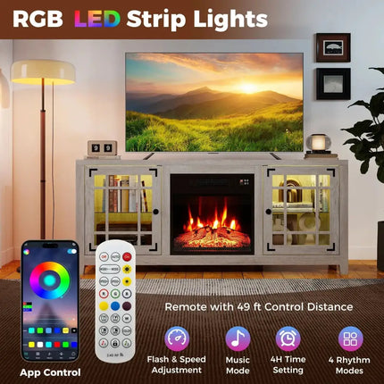 58" Fireplace TV Stand with LED Lights and 18" Electric Fireplace-Natural Costway