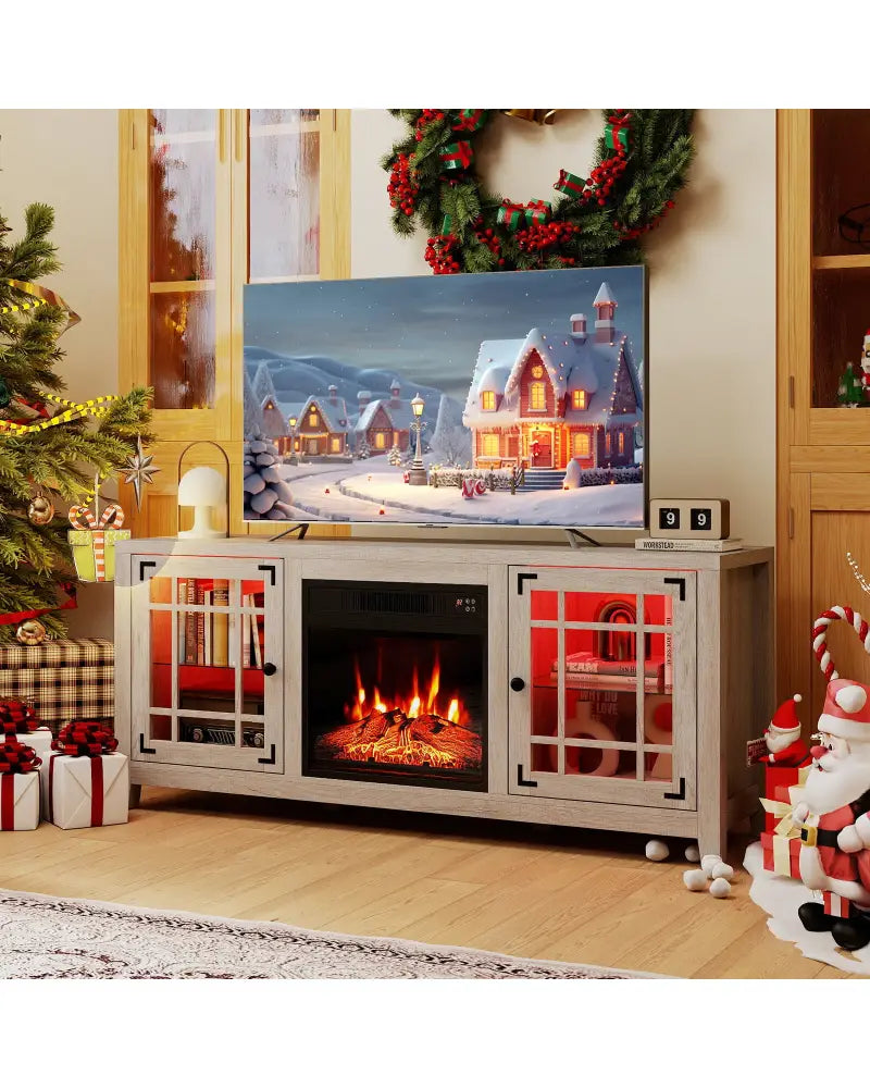 58’’ Fireplace TV Stand with LED Lights and 18’’ Electric Fireplace-Natural - Natural - Fireplaces