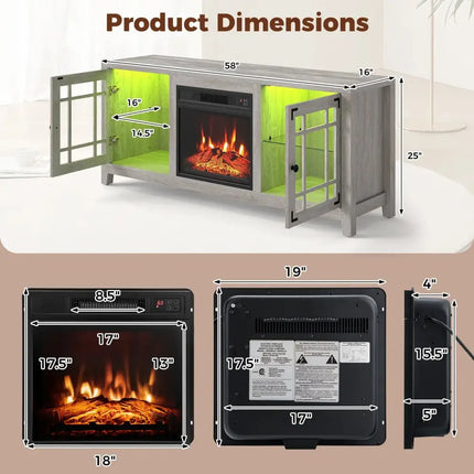 58" Fireplace TV Stand with LED Lights and 18" Electric Fireplace-Natural Costway