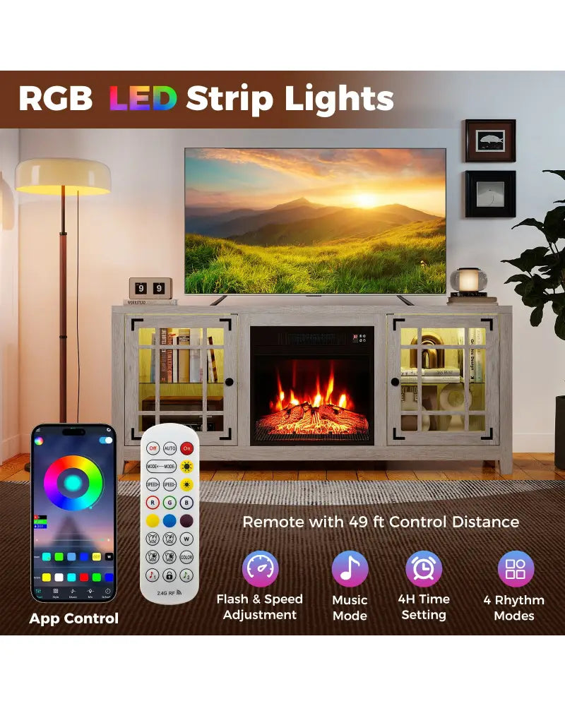 58’’ Fireplace TV Stand with LED Lights and 18’’ Electric Fireplace-Natural - Natural - Fireplaces