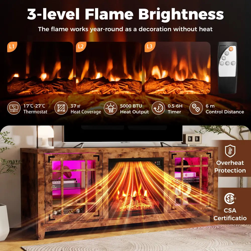 58’’ Fireplace TV Stand with LED Lights and 18’’ Electric Fireplace-Rustic Brown - Rustic Brown - Fireplaces