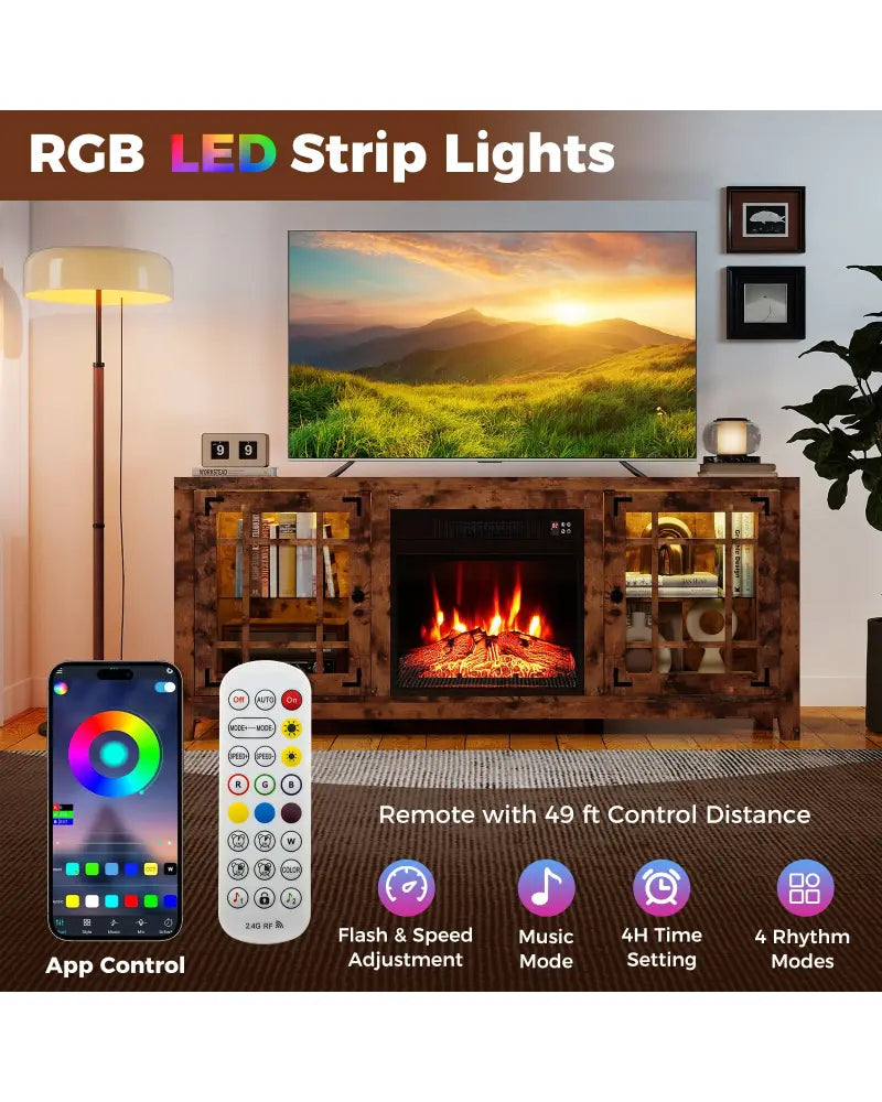 58’’ Fireplace TV Stand with LED Lights and 18’’ Electric Fireplace-Rustic Brown - Rustic Brown - Fireplaces