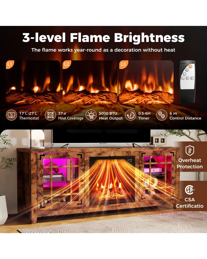 58’’ Fireplace TV Stand with LED Lights and 18’’ Electric Fireplace-Rustic Brown - Rustic Brown - Fireplaces