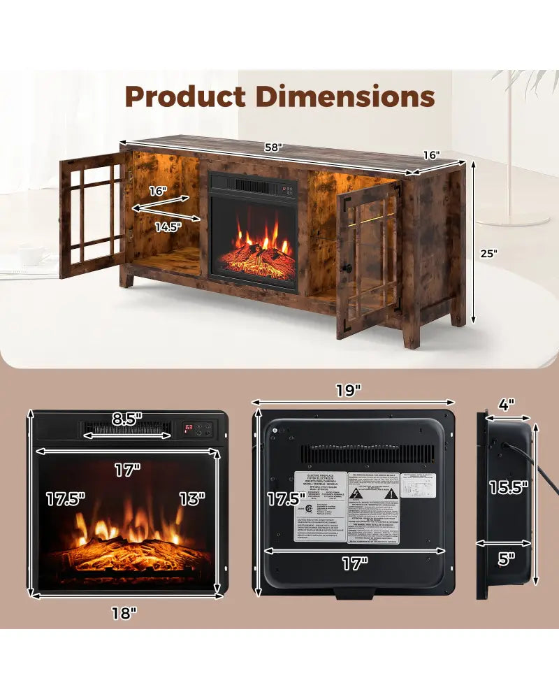 58’’ Fireplace TV Stand with LED Lights and 18’’ Electric Fireplace-Rustic Brown - Rustic Brown - Fireplaces