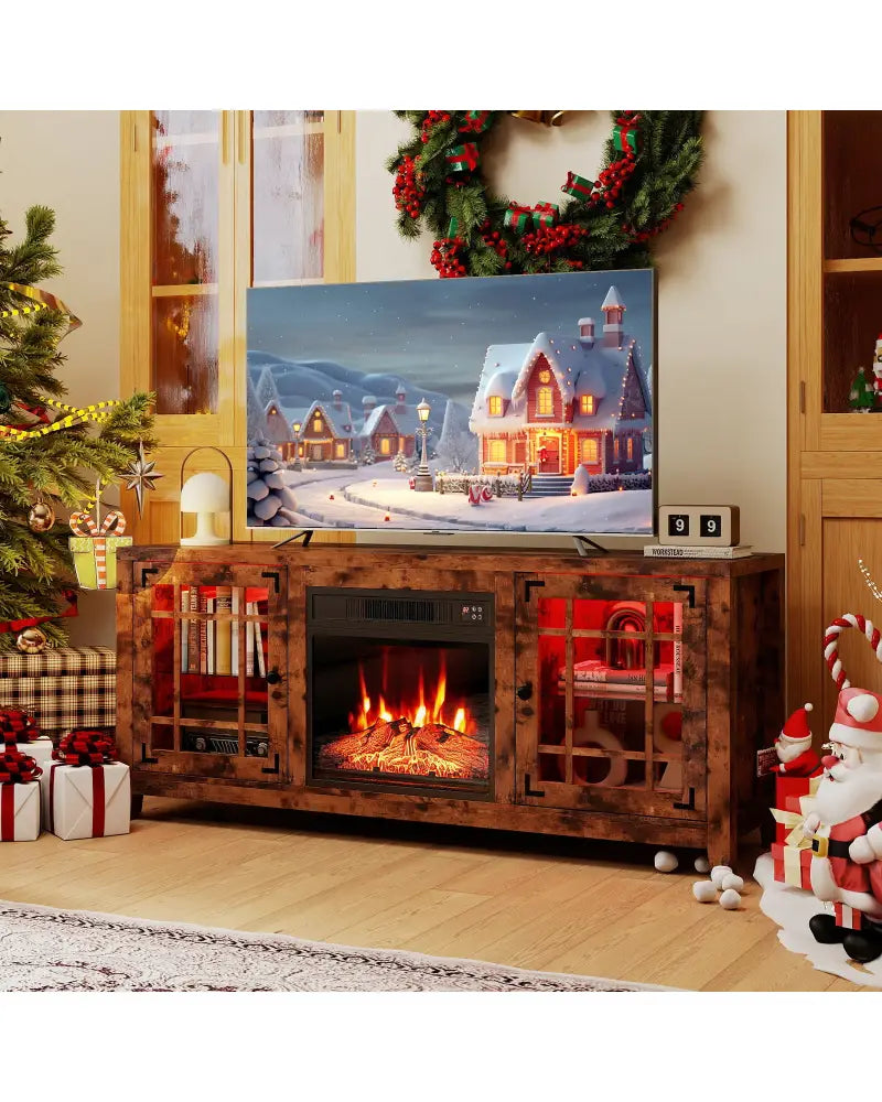 58’’ Fireplace TV Stand with LED Lights and 18’’ Electric Fireplace-Rustic Brown - Rustic Brown - Fireplaces