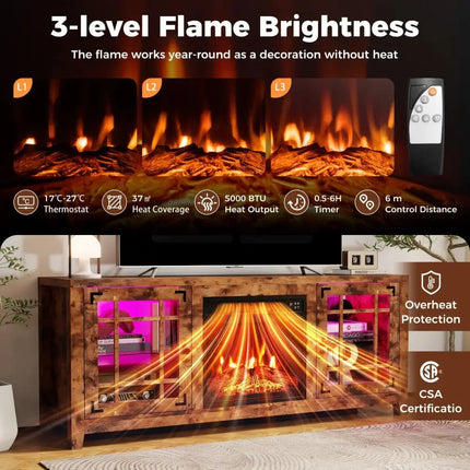 58" Fireplace TV Stand with LED Lights and 18" Electric Fireplace-Rustic Brown Costway