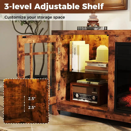 58" Fireplace TV Stand with LED Lights and 18" Electric Fireplace-Rustic Brown Costway