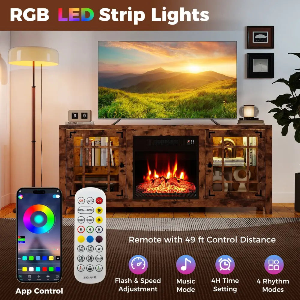 58’’ Fireplace TV Stand with LED Lights and 18’’ Electric Fireplace-Rustic Brown - Rustic Brown - Fireplaces