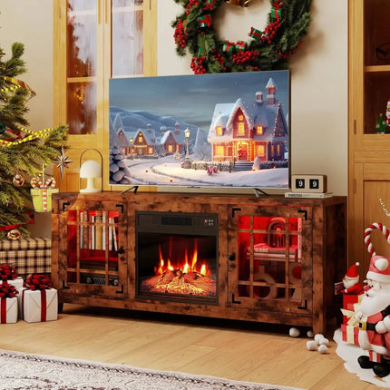 58" Fireplace TV Stand with LED Lights and 18" Electric Fireplace-Rustic Brown Costway