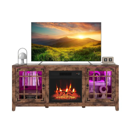 58" Fireplace TV Stand with LED Lights and 18" Electric Fireplace-Rustic Brown Costway