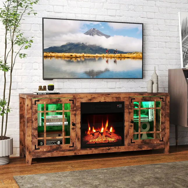 58" Fireplace TV Stand with LED Lights and 18" Electric Fireplace-Rustic Brown Costway
