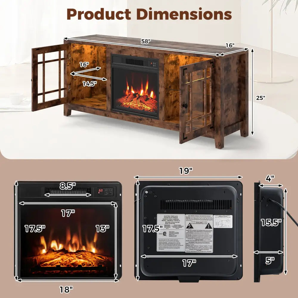58’’ Fireplace TV Stand with LED Lights and 18’’ Electric Fireplace-Rustic Brown - Rustic Brown - Fireplaces