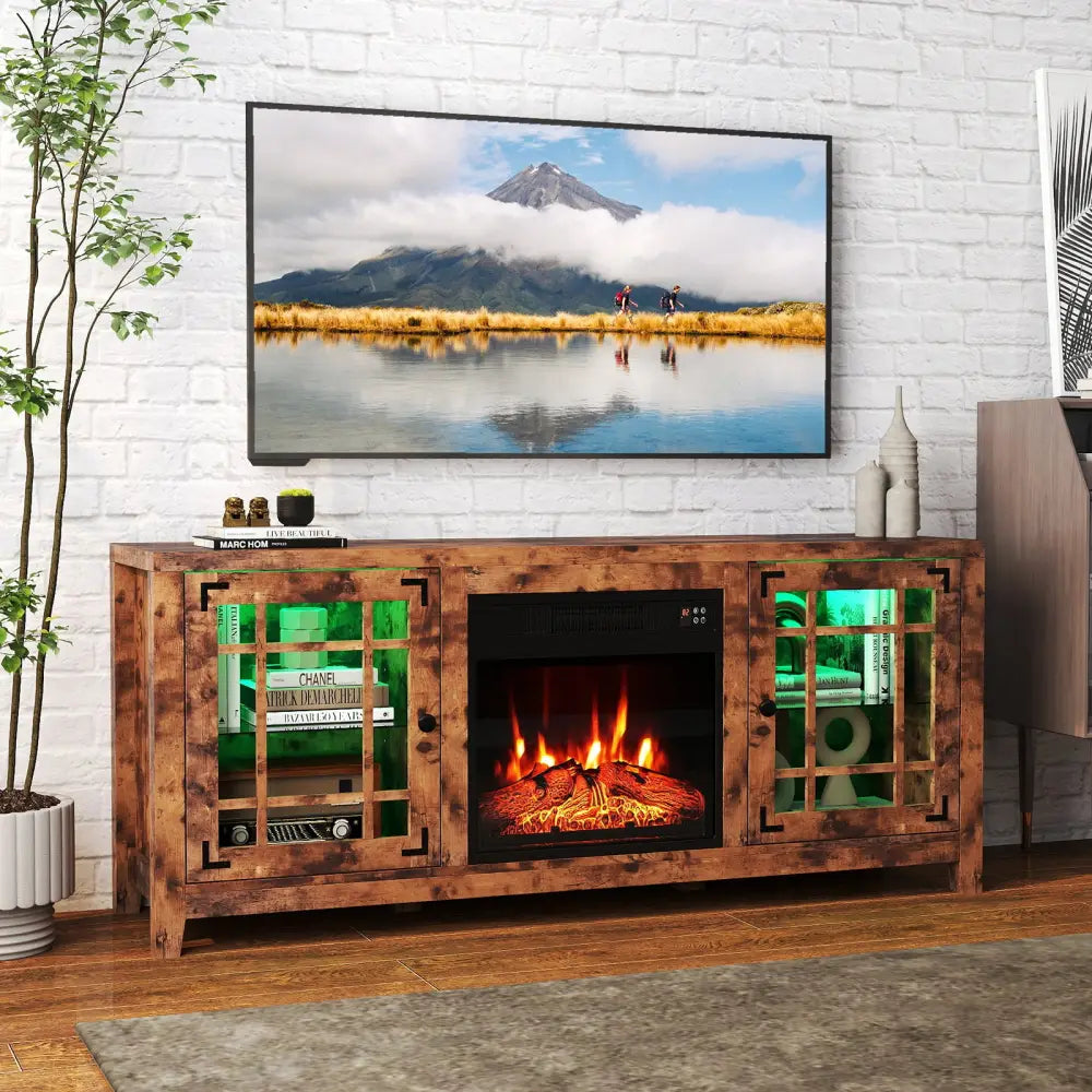 58’’ Fireplace TV Stand with LED Lights and 18’’ Electric Fireplace-Rustic Brown - Rustic Brown - Fireplaces