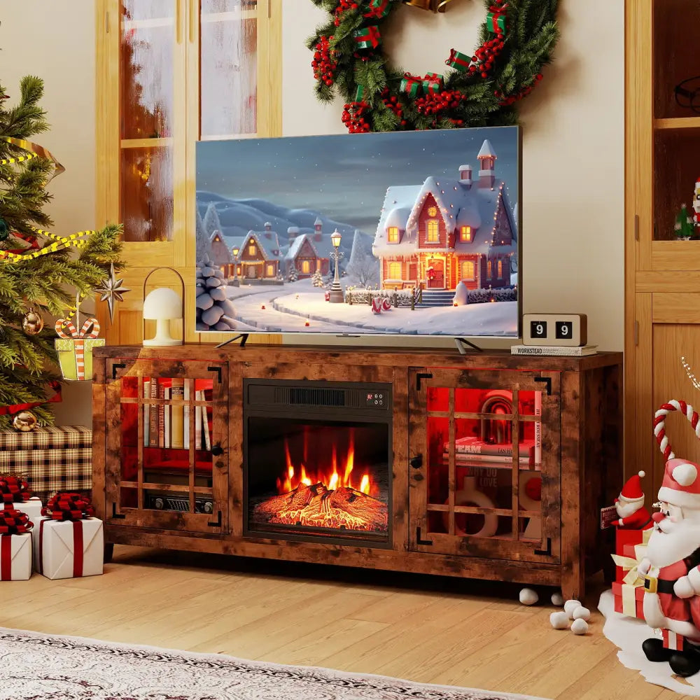 58’’ Fireplace TV Stand with LED Lights and 18’’ Electric Fireplace-Rustic Brown - Rustic Brown - Fireplaces
