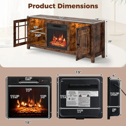 58" Fireplace TV Stand with LED Lights and 18" Electric Fireplace-Rustic Brown Costway
