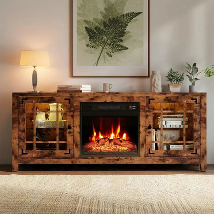 58" Fireplace TV Stand with LED Lights and 18" Electric Fireplace-Rustic Brown Costway