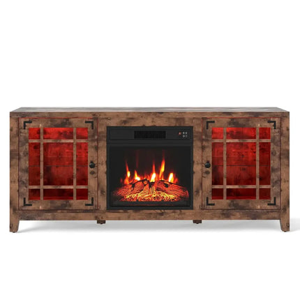 58" Fireplace TV Stand with LED Lights and 18" Electric Fireplace-Rustic Brown Costway