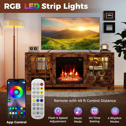 58" Fireplace TV Stand with LED Lights and 18" Electric Fireplace-Rustic Brown Costway
