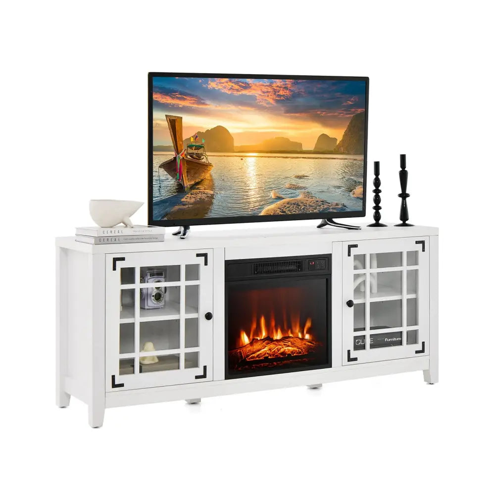 58 Inch Fireplace TV Stand with Adjustable Shelves for TVs up to 65 Inch-White - White - Entertainment Centers & TV