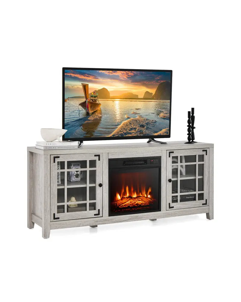 58 Inch Fireplace TV Stand with Adjustable Shelves for TVs up to 65 Inch-Natural - Natural - Entertainment Centers & TV