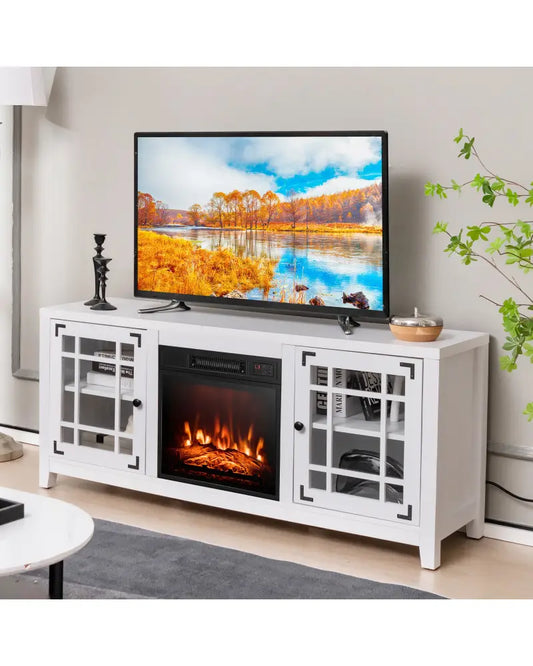 58 Inch Fireplace TV Stand with Adjustable Shelves for TVs up to 65 Inch-White - White - Entertainment Centers & TV