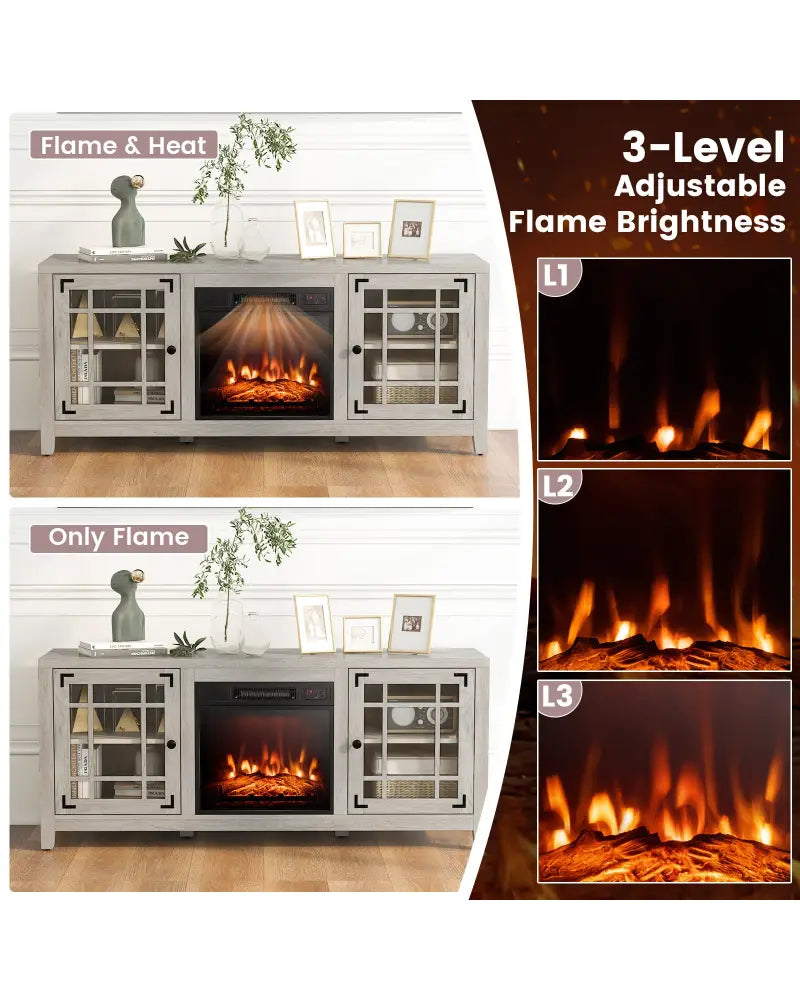 58 Inch Fireplace TV Stand with Adjustable Shelves for TVs up to 65 Inch-Natural - Natural - Entertainment Centers & TV