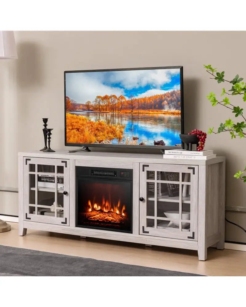 58 Inch Fireplace TV Stand with Adjustable Shelves for TVs up to 65 Inch-Natural - Natural - Entertainment Centers & TV