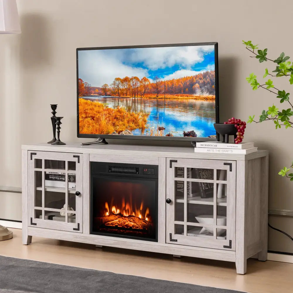 58 Inch Fireplace TV Stand with Adjustable Shelves for TVs up to 65 Inch-Natural - Natural - Entertainment Centers & TV