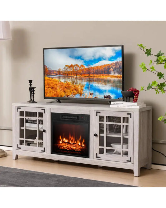 58 Inch Fireplace TV Stand with Adjustable Shelves for TVs up to 65 Inch-Natural - Natural - Entertainment Centers & TV