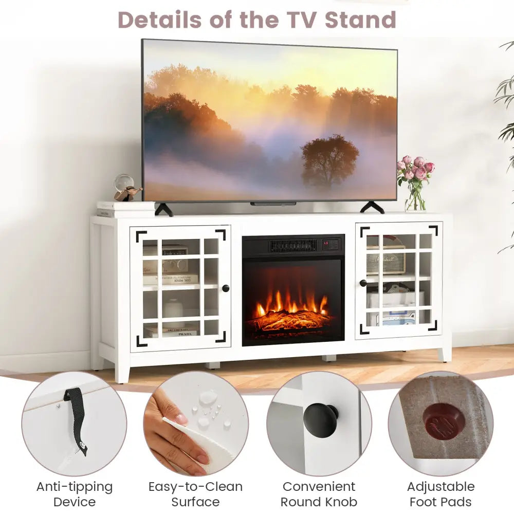 58 Inch Fireplace TV Stand with Adjustable Shelves for TVs up to 65 Inch-White - White - Entertainment Centers & TV