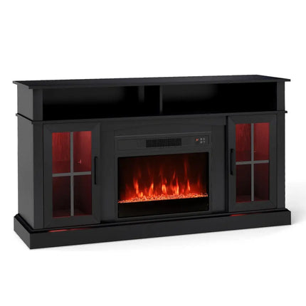 58 Inch Fireplace TV Stand with LED Lights with Storage Cabinets and Glass Doors-Black Costway