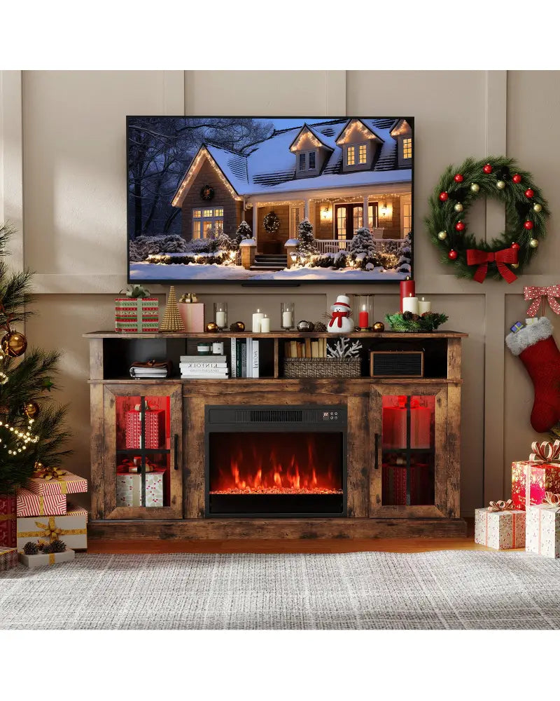 58 Inch Fireplace TV Stand with LED Lights with Storage Cabinets and Glass Doors-Rustic Brown - Rustic Brown
