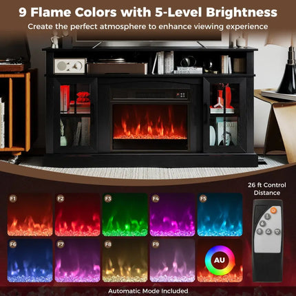 58 Inch Fireplace TV Stand with LED Lights with Storage Cabinets and Glass Doors-Black Costway