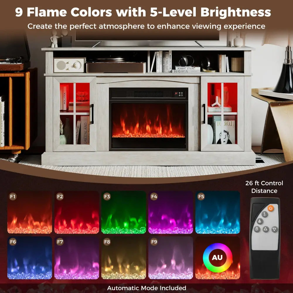 58 Inch Fireplace TV Stand with LED Lights with Storage Cabinets and Glass Doors-Gray - Gray - Entertainment Centers &