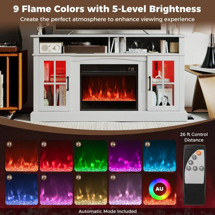 58 Inch Fireplace TV Stand with LED Lights with Storage Cabinets and Glass Doors-White Costway