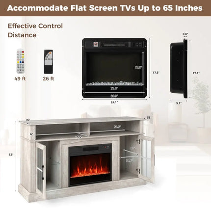 58 Inch Fireplace TV Stand with LED Lights with Storage Cabinets and Glass Doors-Gray Costway