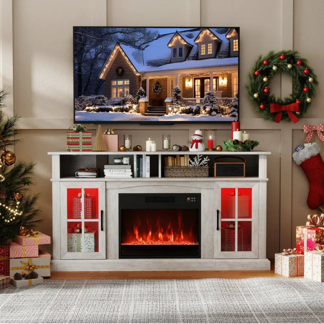 58 Inch Fireplace TV Stand with LED Lights with Storage Cabinets and Glass Doors-Gray Costway