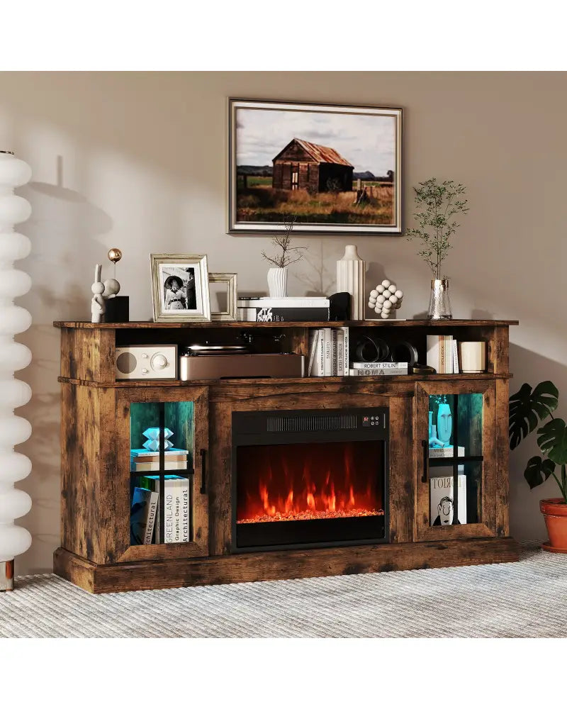 58 Inch Fireplace TV Stand with LED Lights with Storage Cabinets and Glass Doors-Rustic Brown - Rustic Brown
