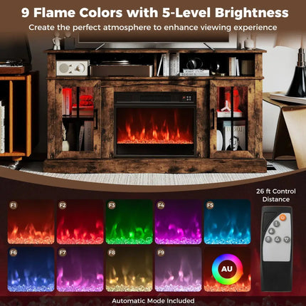 58 Inch Fireplace TV Stand with LED Lights with Storage Cabinets and Glass Doors-Rustic Brown Costway