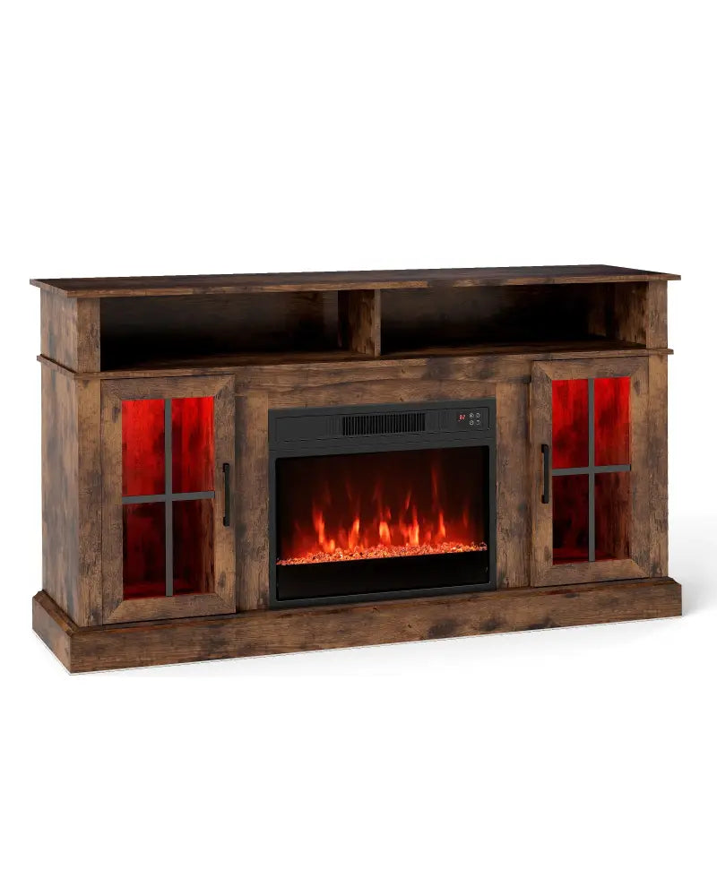 58 Inch Fireplace TV Stand with LED Lights with Storage Cabinets and Glass Doors-Rustic Brown - Rustic Brown
