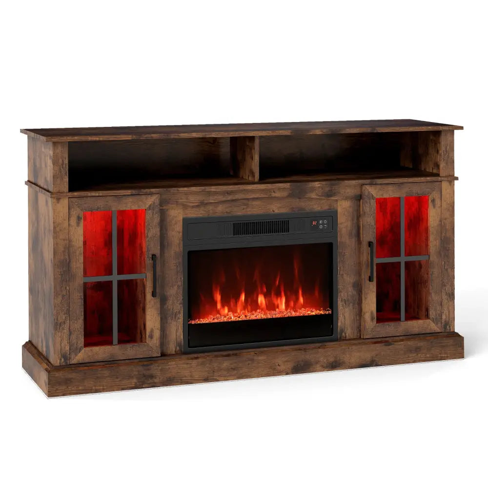 58 Inch Fireplace TV Stand with LED Lights with Storage Cabinets and Glass Doors-Rustic Brown - Rustic Brown