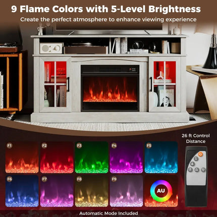 58 Inch Fireplace TV Stand with LED Lights with Storage Cabinets and Glass Doors-Gray Costway