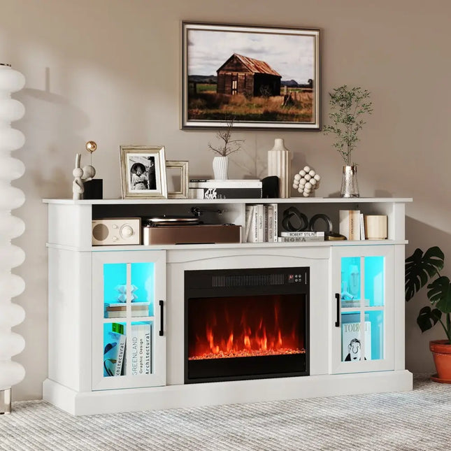 58 Inch Fireplace TV Stand with LED Lights with Storage Cabinets and Glass Doors-White Costway