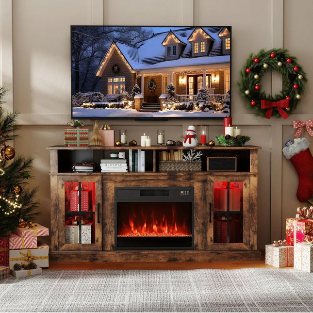 58 Inch Fireplace TV Stand with LED Lights with Storage Cabinets and Glass Doors-Rustic Brown Costway